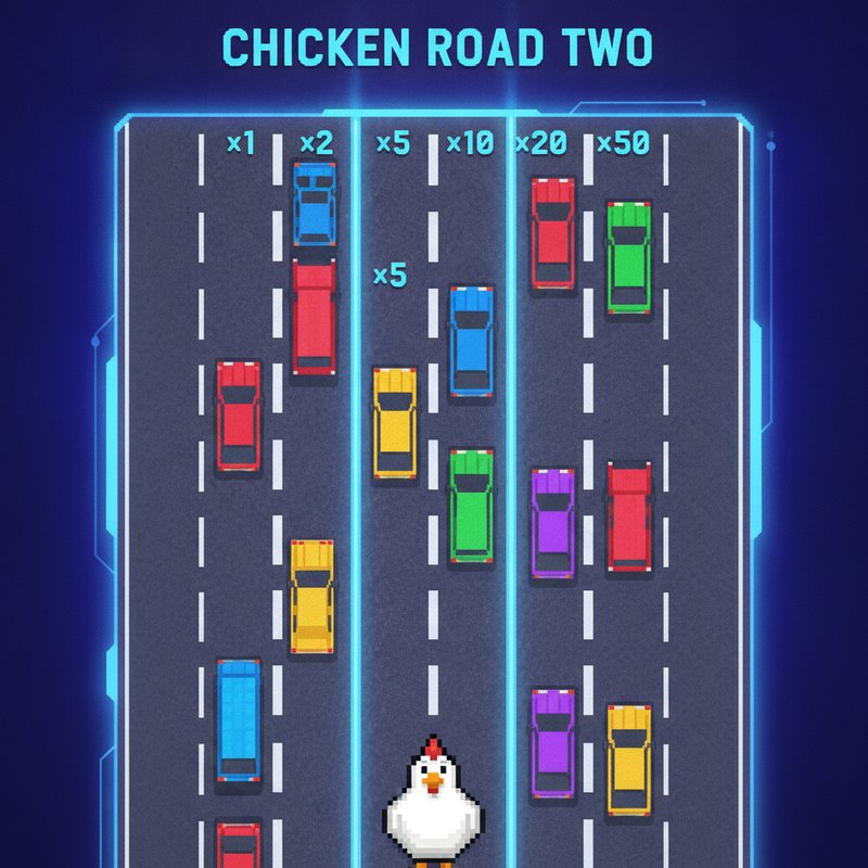 Chicken Road 2 gameplay showing white chicken crossing 6-lane road with multiplier markers